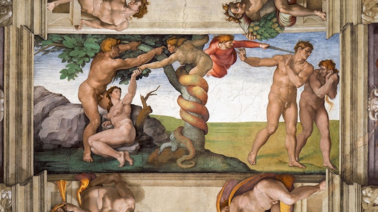 Imagem via internet.“Il Peccato Originale e Cacciata dal Paradiso Terrestre” — BUONARROTI, Michelangelo (circa 1510) Domínio Público