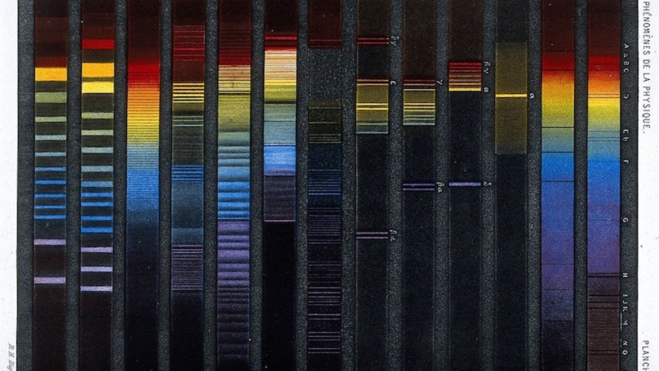 Espectros de várias fontes de luz, solares, estelares, metálicos, gasosos, elétricos ”de Les phénomènes de la physique por Amédée Guillemin, 1882. Foto by BrainPickings